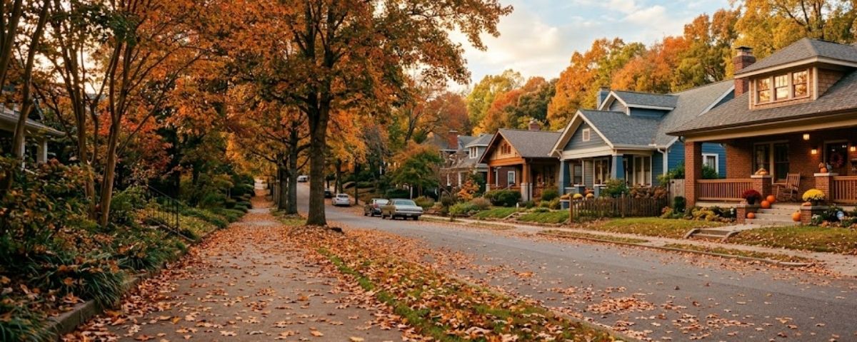 Autumn property scene — fall is when most rodent infestation signs become visible